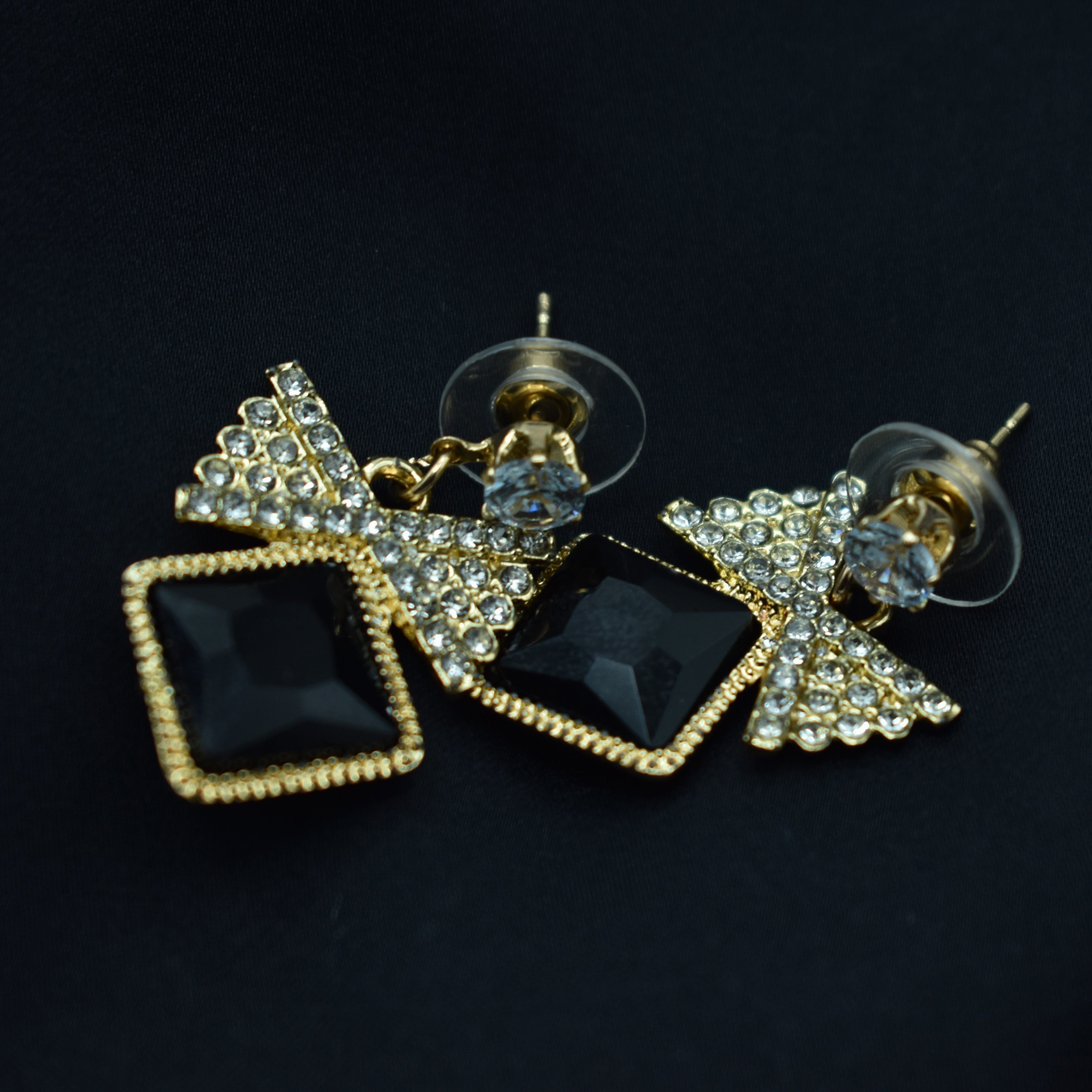 Elegant Black  Earrings with Gold and Crystal Accents