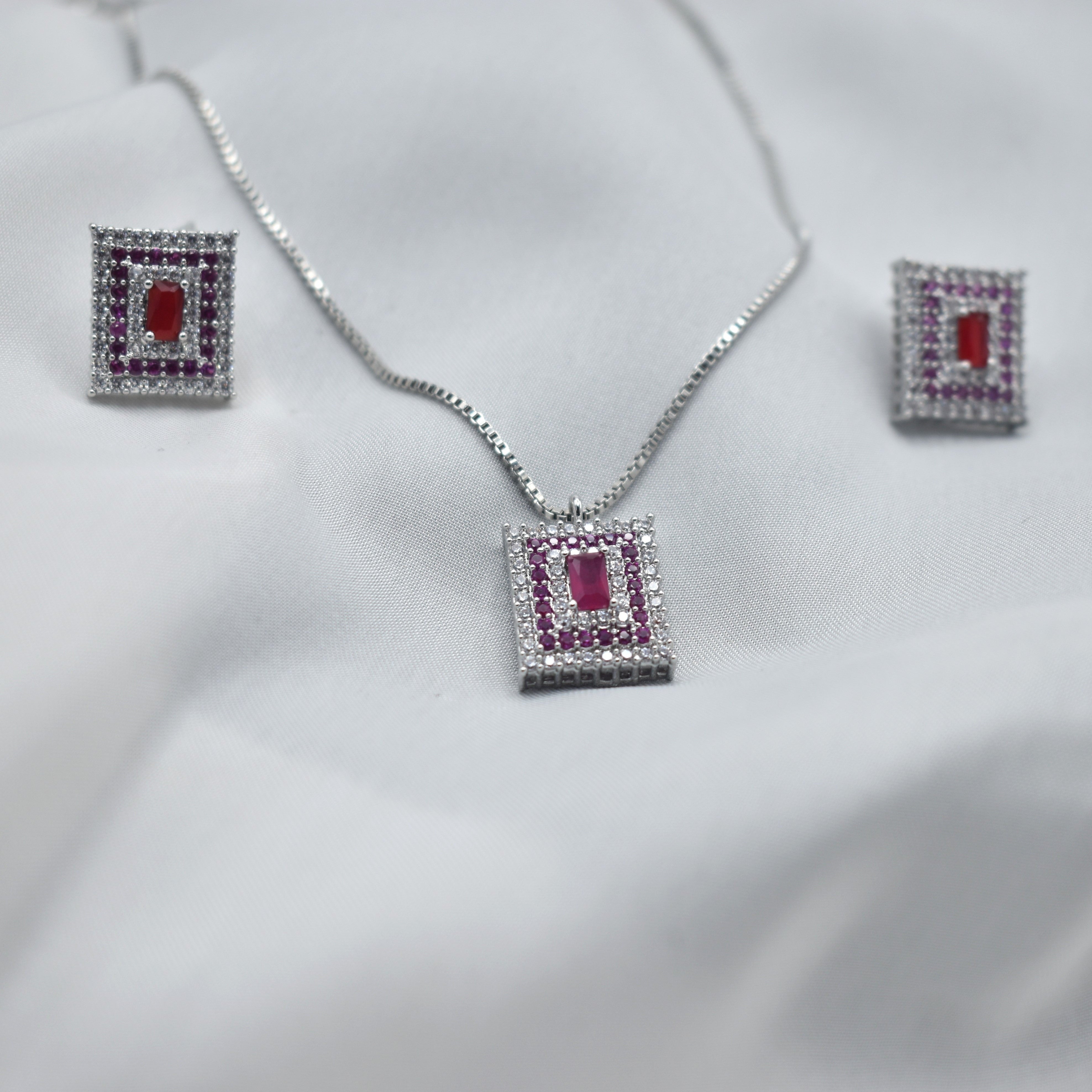 Rectangular Pendant Necklace with Earrings – Small Zircons & 3 Color Stones