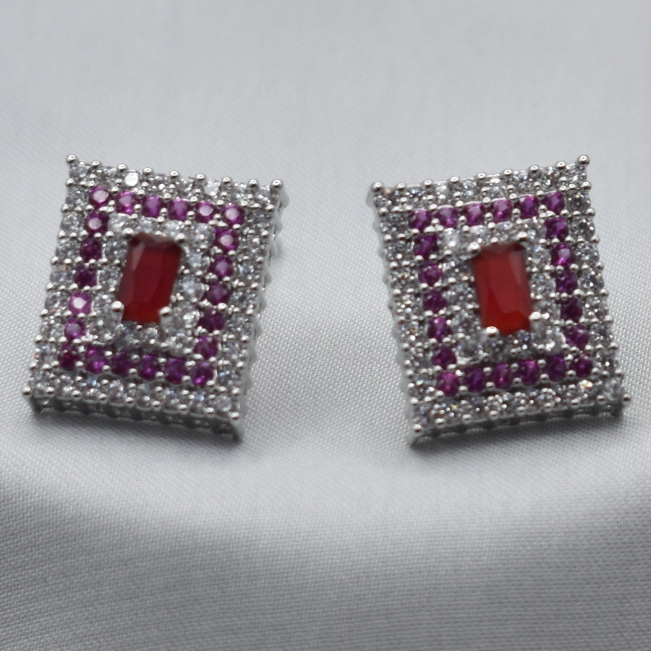 Rectangular Pendant Necklace with Earrings – Small Zircons & 3 Color Stones