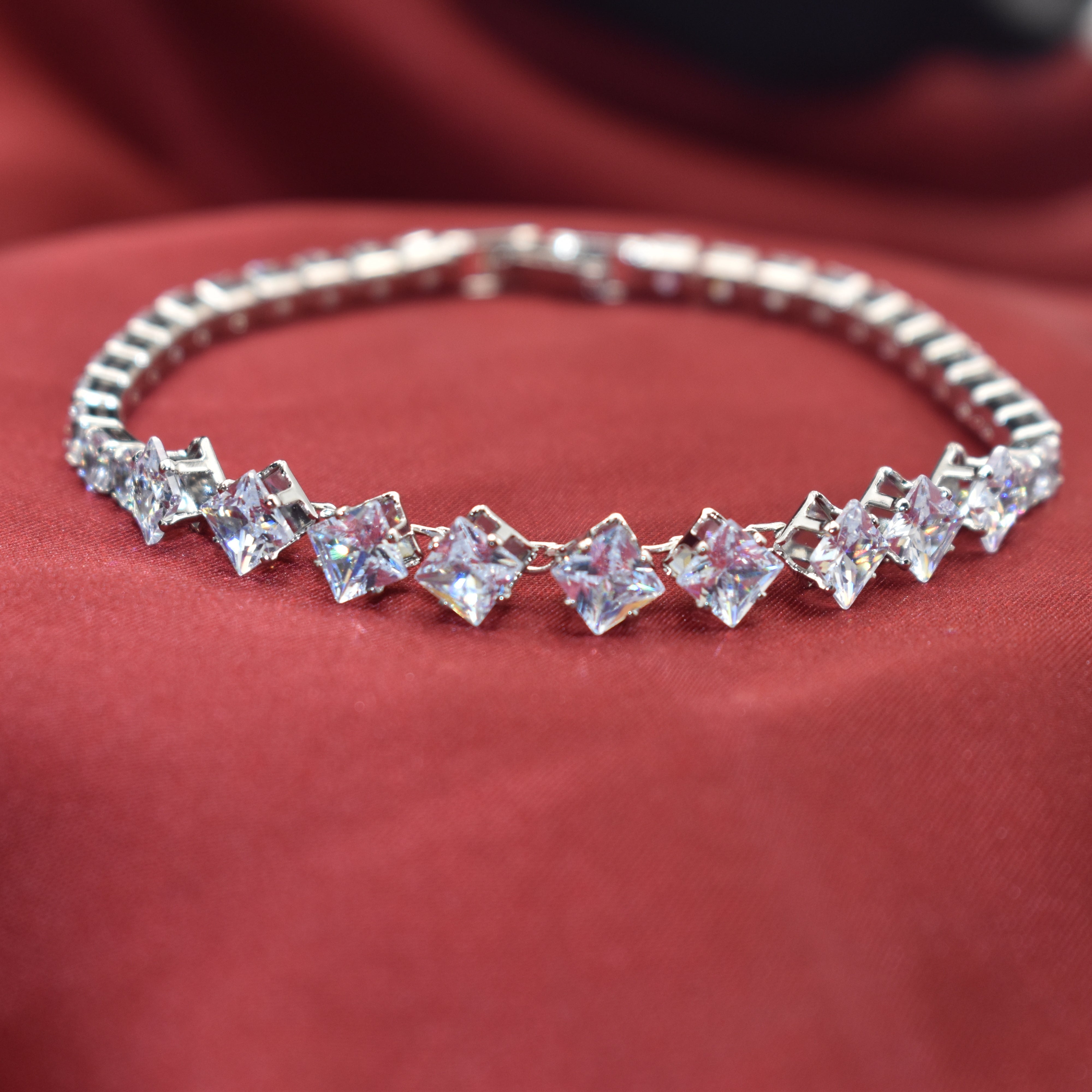 Luxury Silver Tennis Bracelet with Marquise, Oval, and Square Cuts – 18cm Elegant Bangle for Women