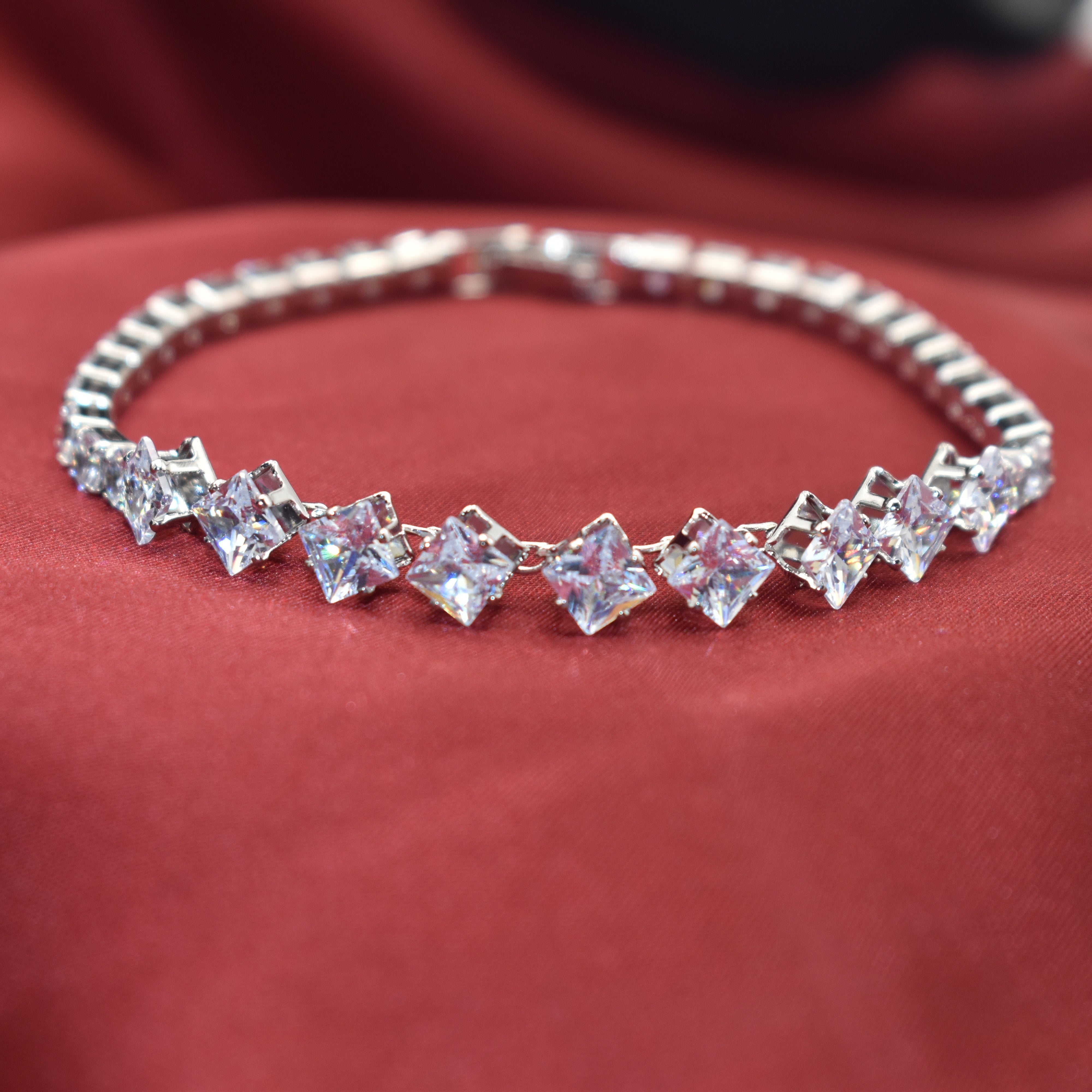 Luxury Silver Tennis Bracelet with Marquise, Oval, and Square Cuts – 18cm Elegant Bangle for Women