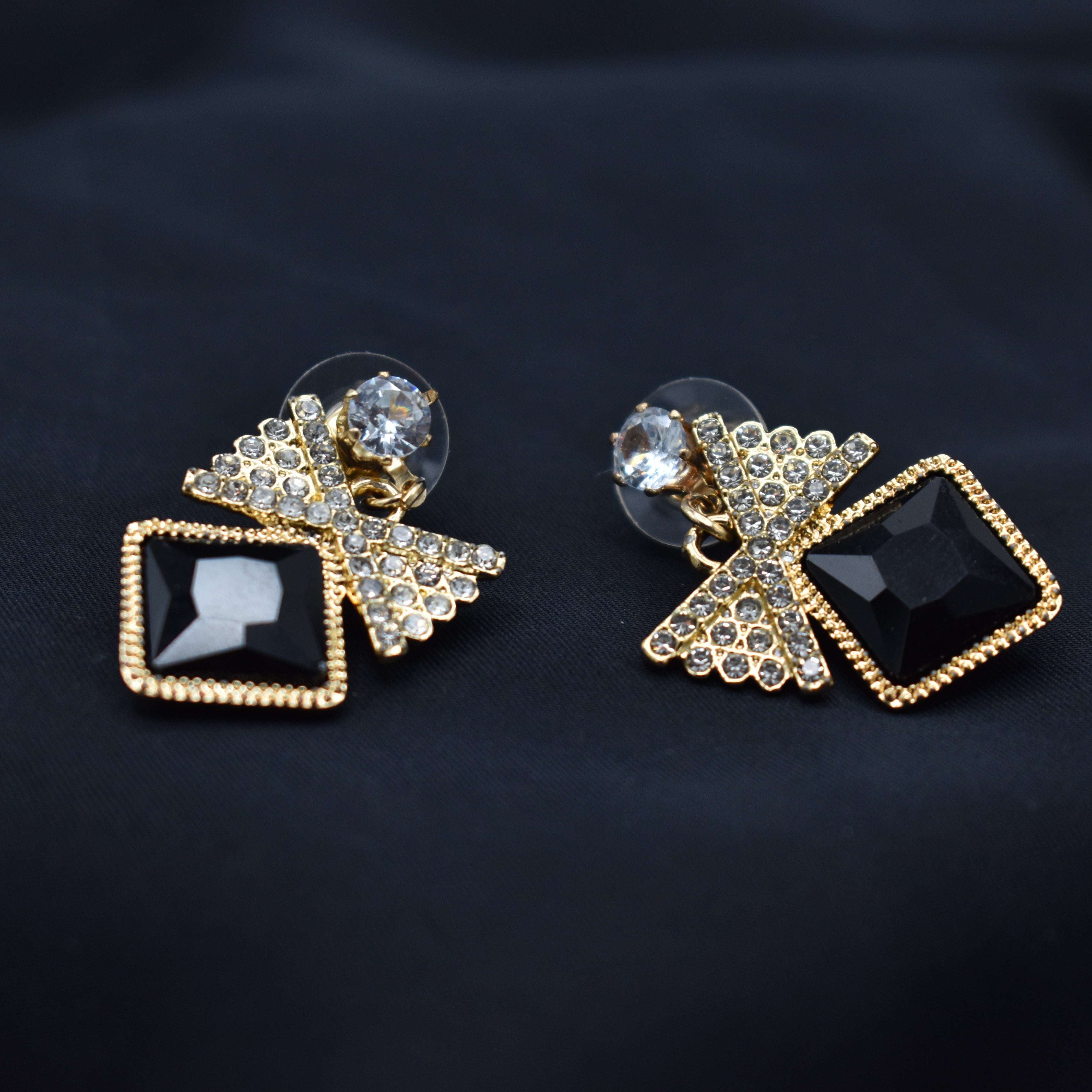 Elegant Black  Earrings with Gold and Crystal Accents