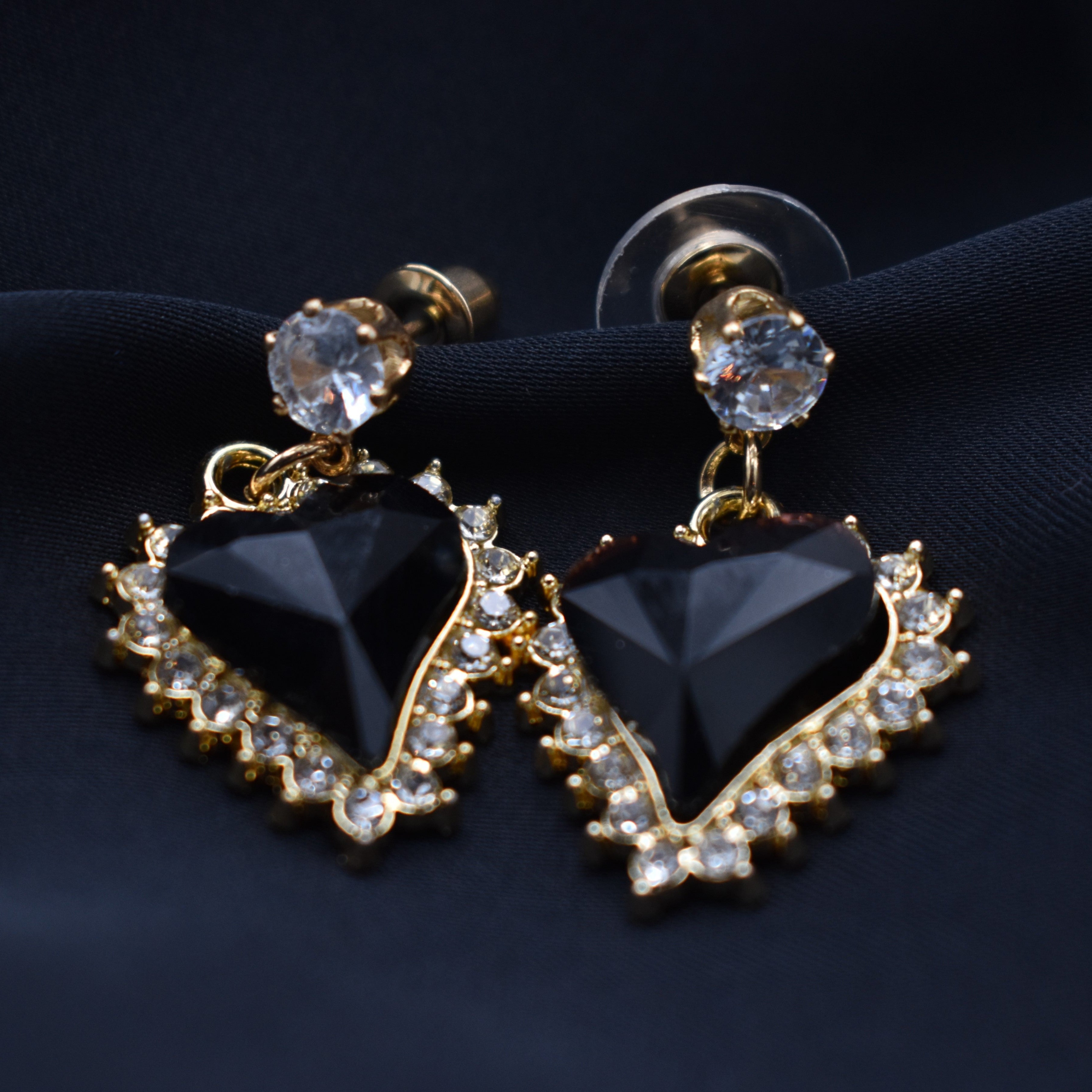 Elegant Black  Earrings with Gold and Crystal Accents
