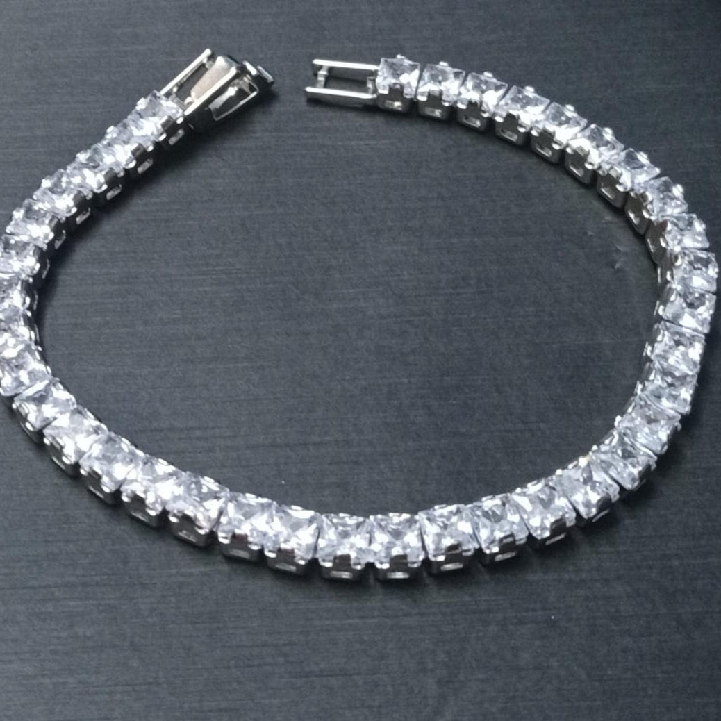 Luxury Silver Tennis Bracelet with Marquise, Oval, and Square Cuts – 18cm Elegant Bangle for Women
