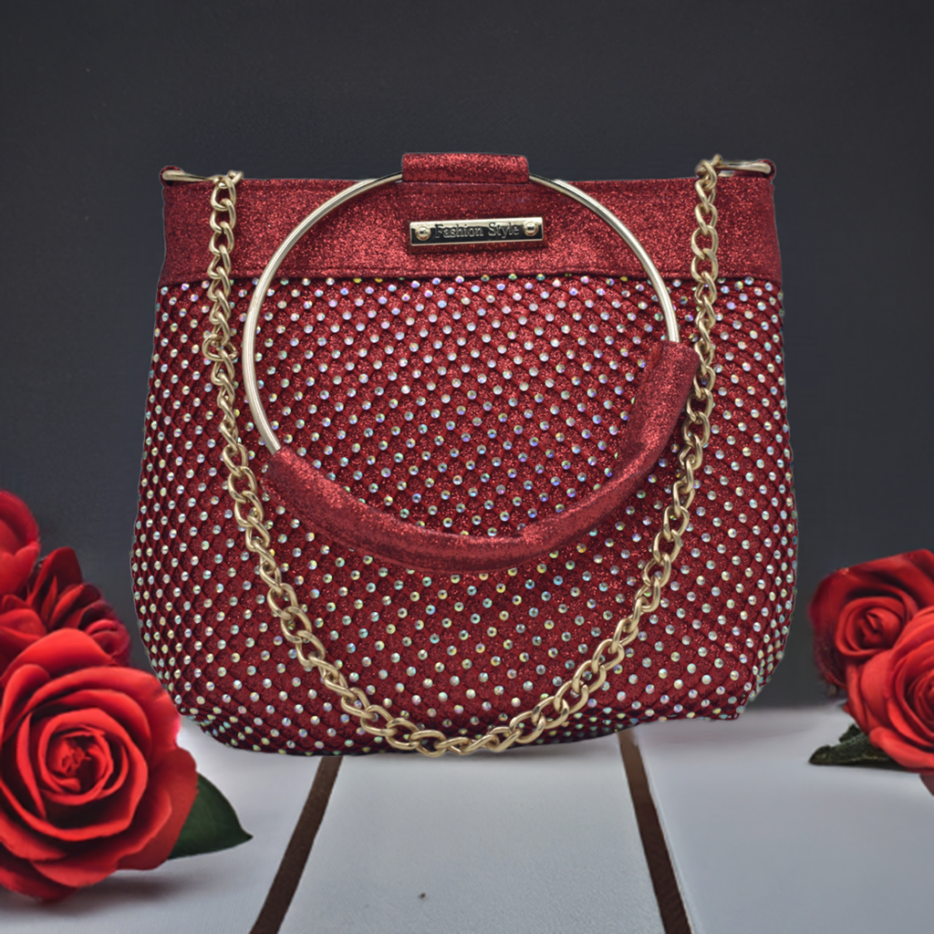 Stunning Red Crystal Embellished Clutch with Metallic Handle – Elegant Evening Bag