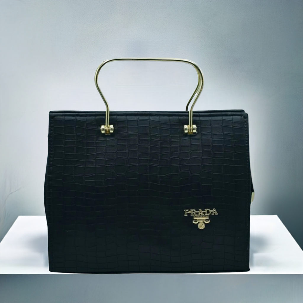 Elegant Prada Crocodile-Effect Bag with Metallic Handle – Sleek and Stylish