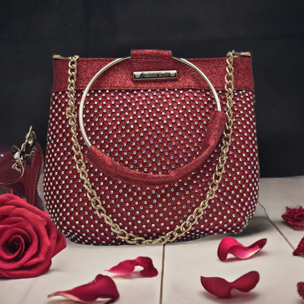 Stunning Red Crystal Embellished Clutch with Metallic Handle – Elegant Evening Bag