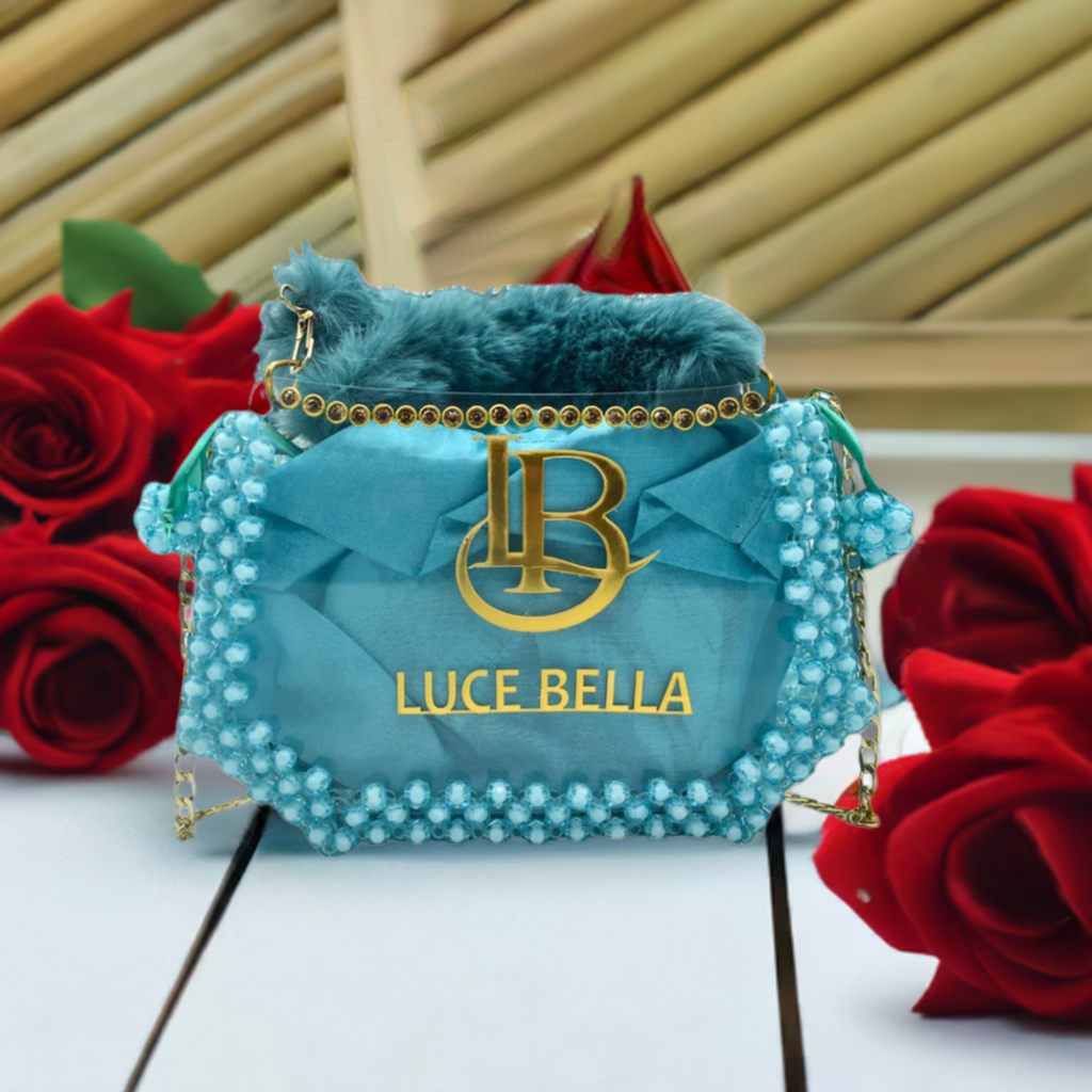 Transparent Acrylic Clutch Bag with Fluffy Handle & Bead Detailing