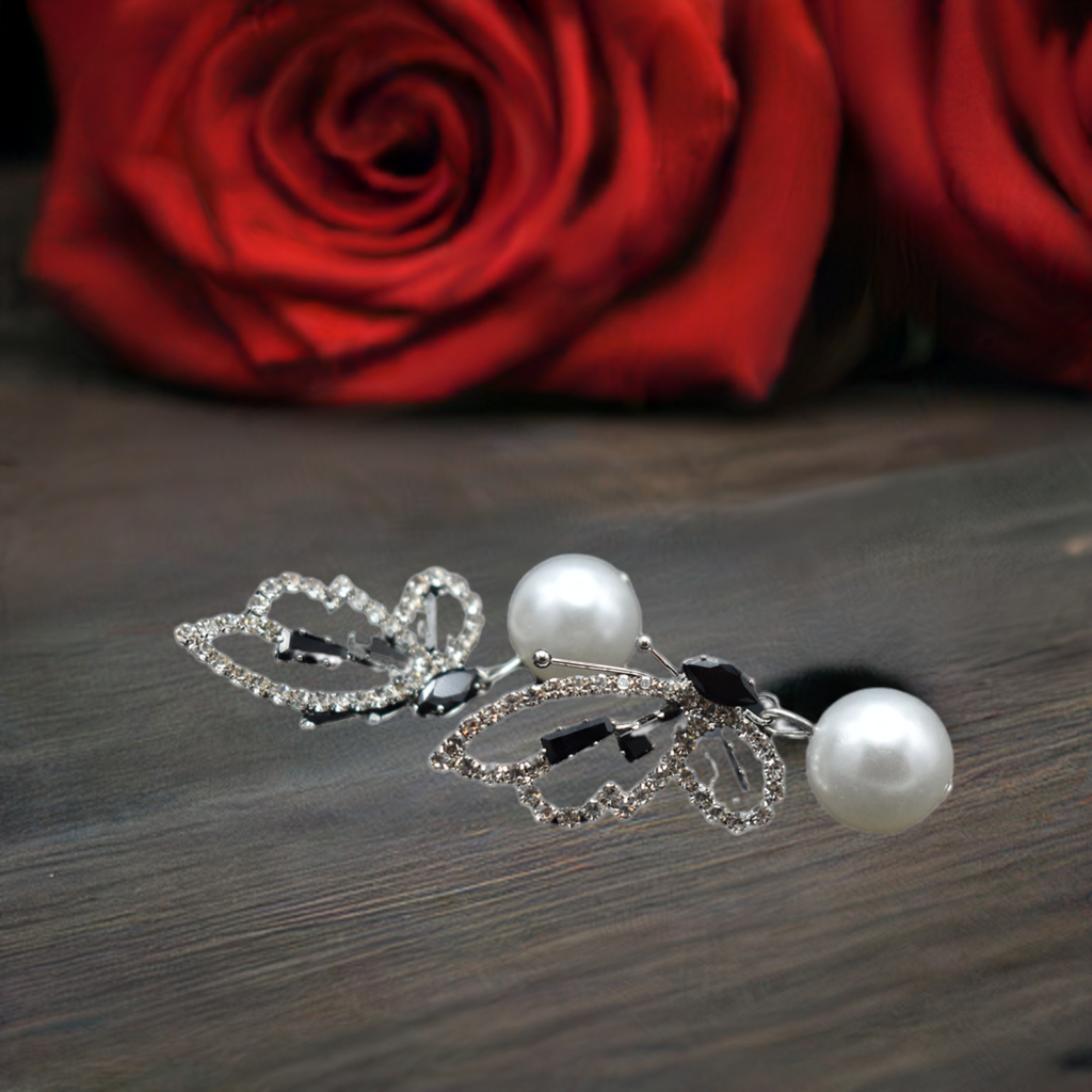 Butterfly Crystal Pearl Drop Earrings - Elegant & Stylish Design