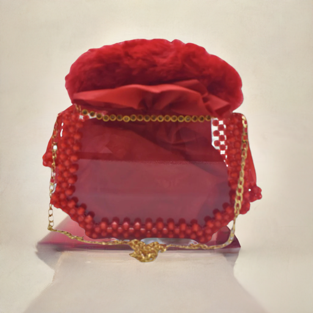 Transparent Acrylic Clutch Bag with Fluffy Handle & Bead Detailing