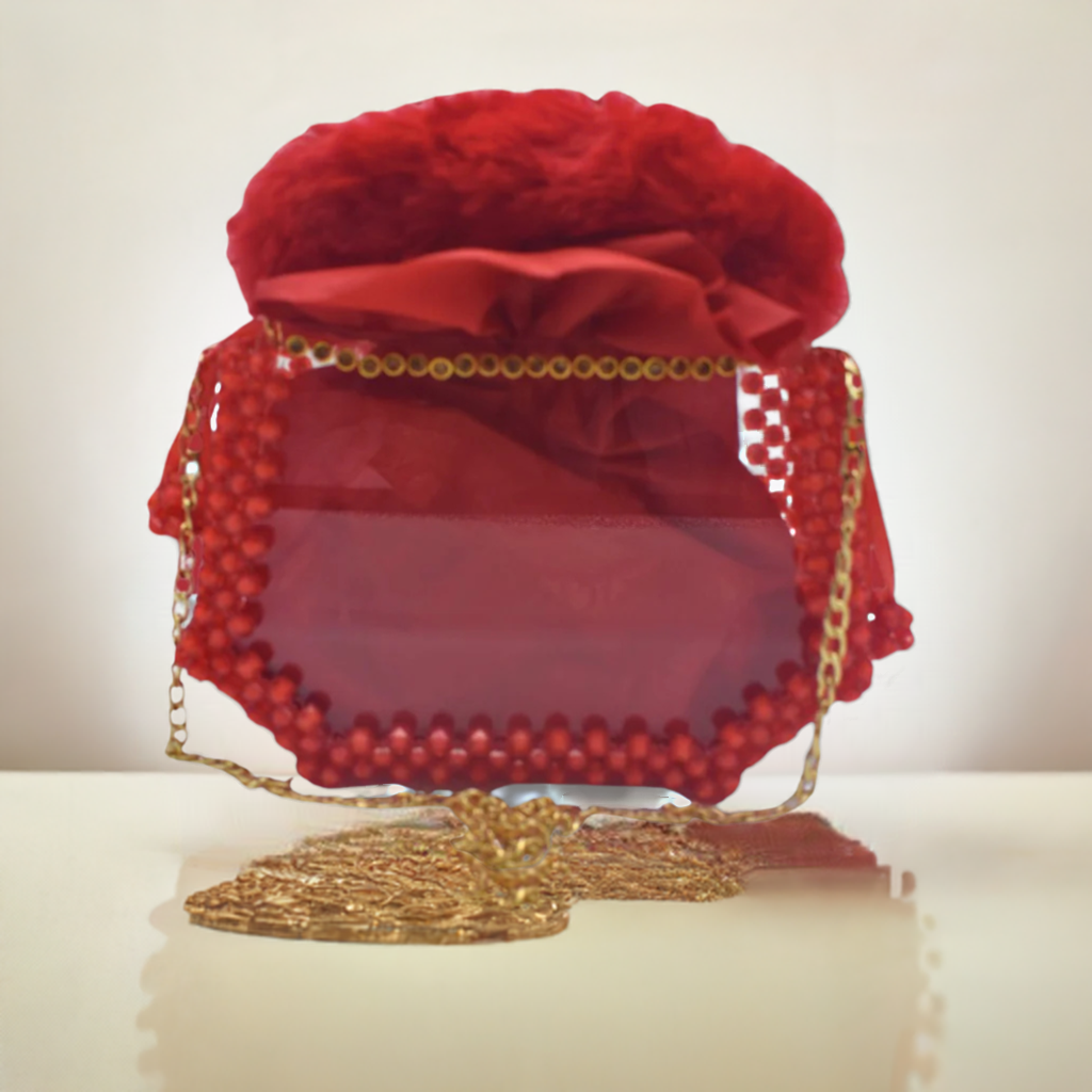 Transparent Acrylic Clutch Bag with Fluffy Handle & Bead Detailing
