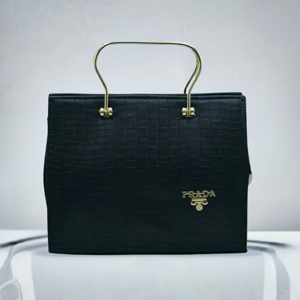 Elegant Prada Crocodile-Effect Bag with Metallic Handle – Sleek and Stylish