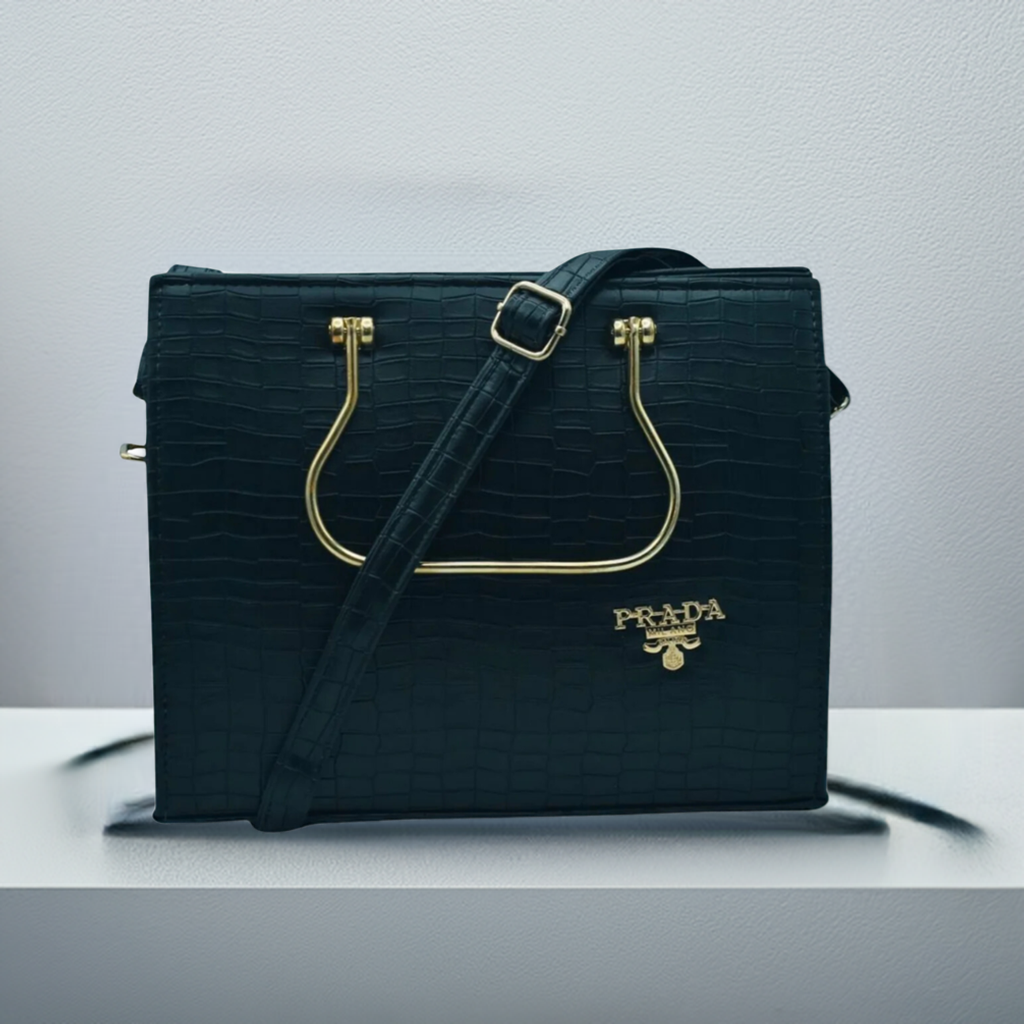 Elegant Prada Crocodile-Effect Bag with Metallic Handle – Sleek and Stylish