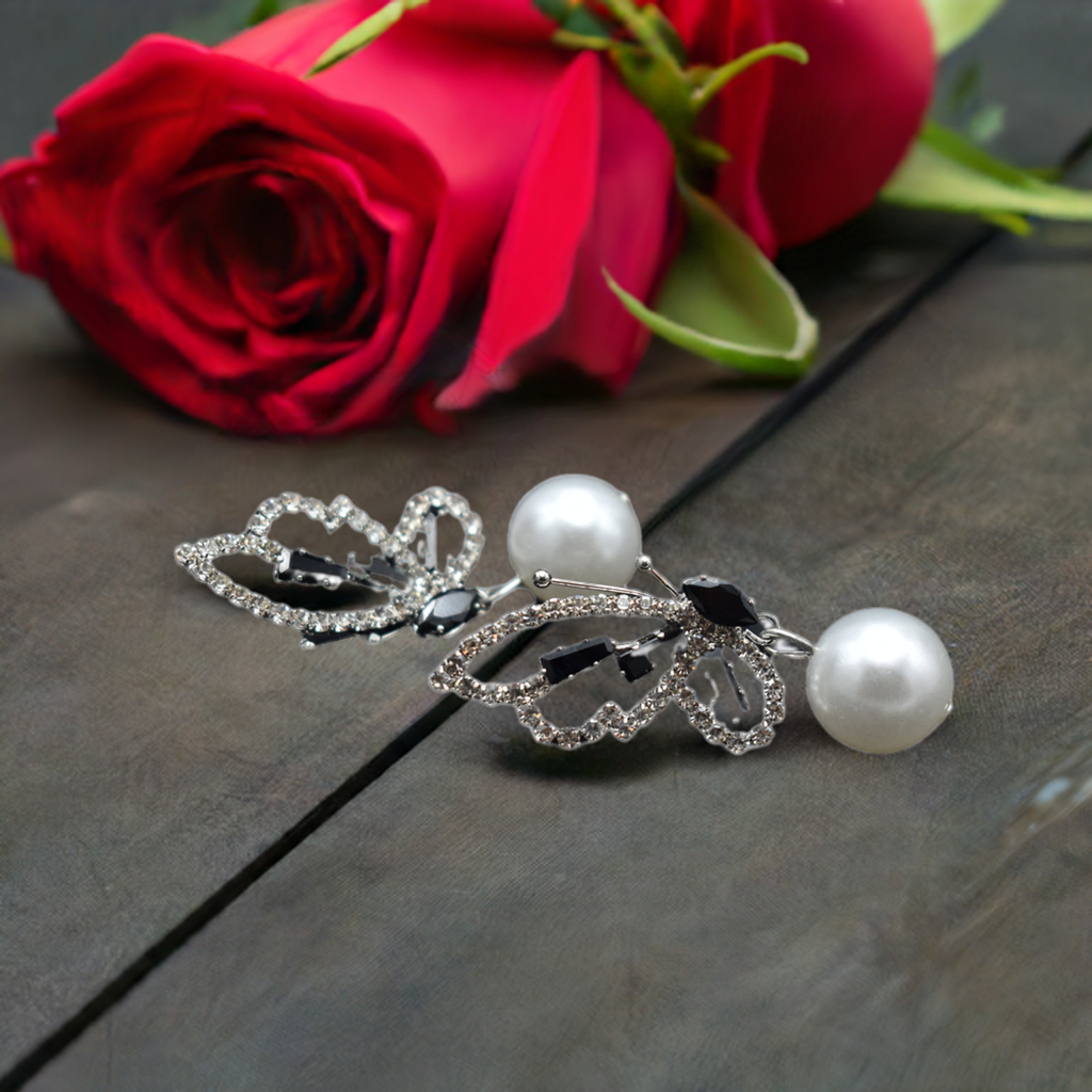 Butterfly Crystal Pearl Drop Earrings - Elegant & Stylish Design