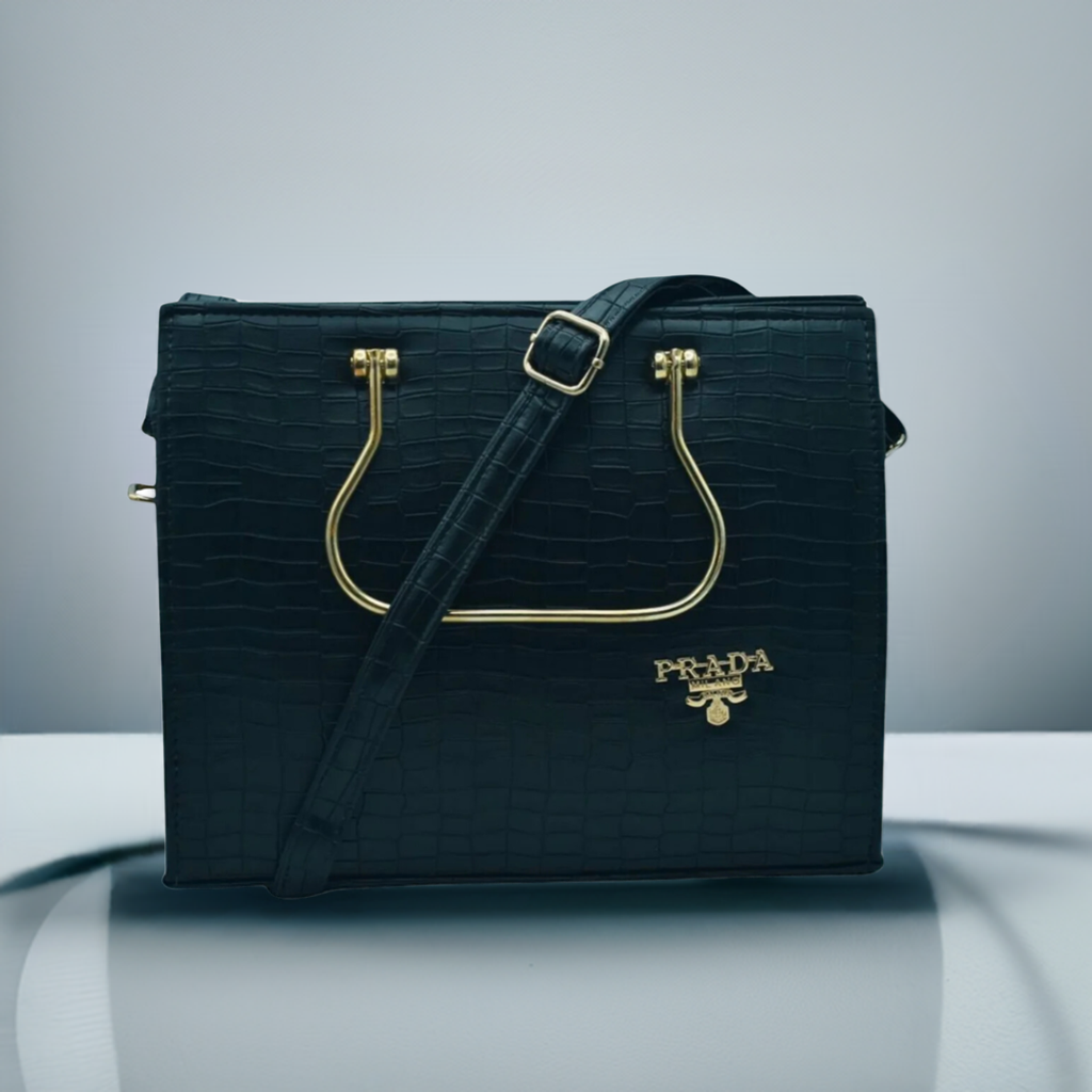 Elegant Prada Crocodile-Effect Bag with Metallic Handle – Sleek and Stylish